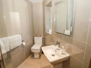 En suite shower room on the ground floor in Harmon Vale, shower, washbasin, shower and towels