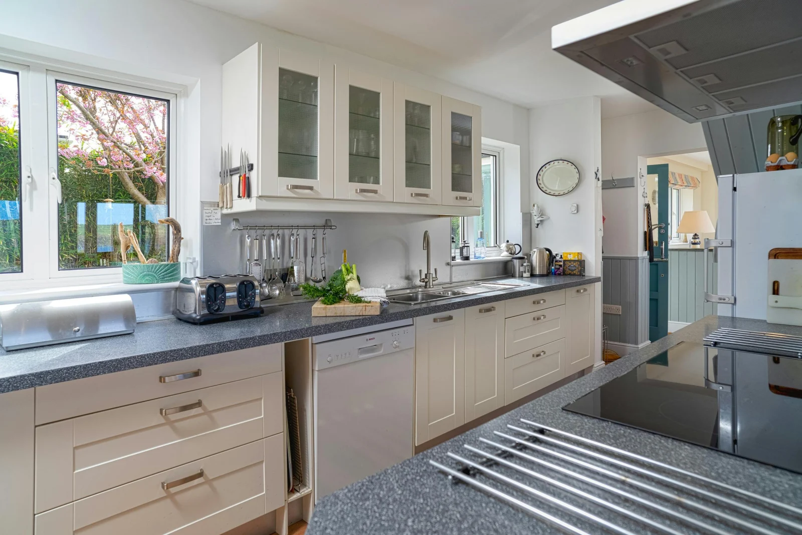 Kitchen with cooker, cooker hood, sink and fitted cupboards