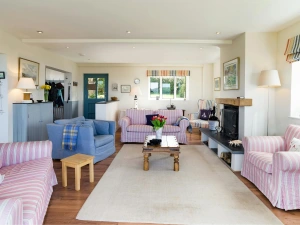 Living area with sofas, armchairs, fireplace and coffee table