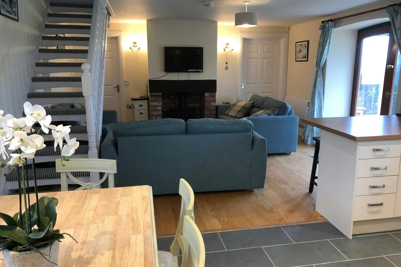 Living area with sofas and fireplace
