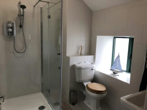 Shower cubicle with electric shower, WC and hand basin