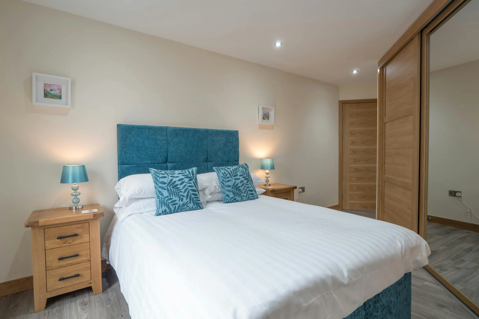 Super king bed, bedside cabinets and lamps, large wardrobe