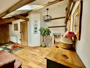 Landing area, sideboard, tall plant in patterned pot, doors leading to bedrooms. rug in the middle