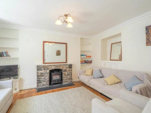 Fireplace, mirror above, sofas, TV, shelves in the alcoves