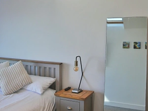 Full length mirror. Bedside table and lamp