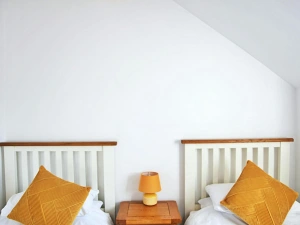Twin beds with bedside table and lamp