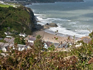 View down onto Tresaith and sandy beach