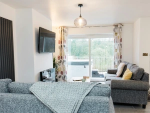 Living room with 2 sofas and wall heater.