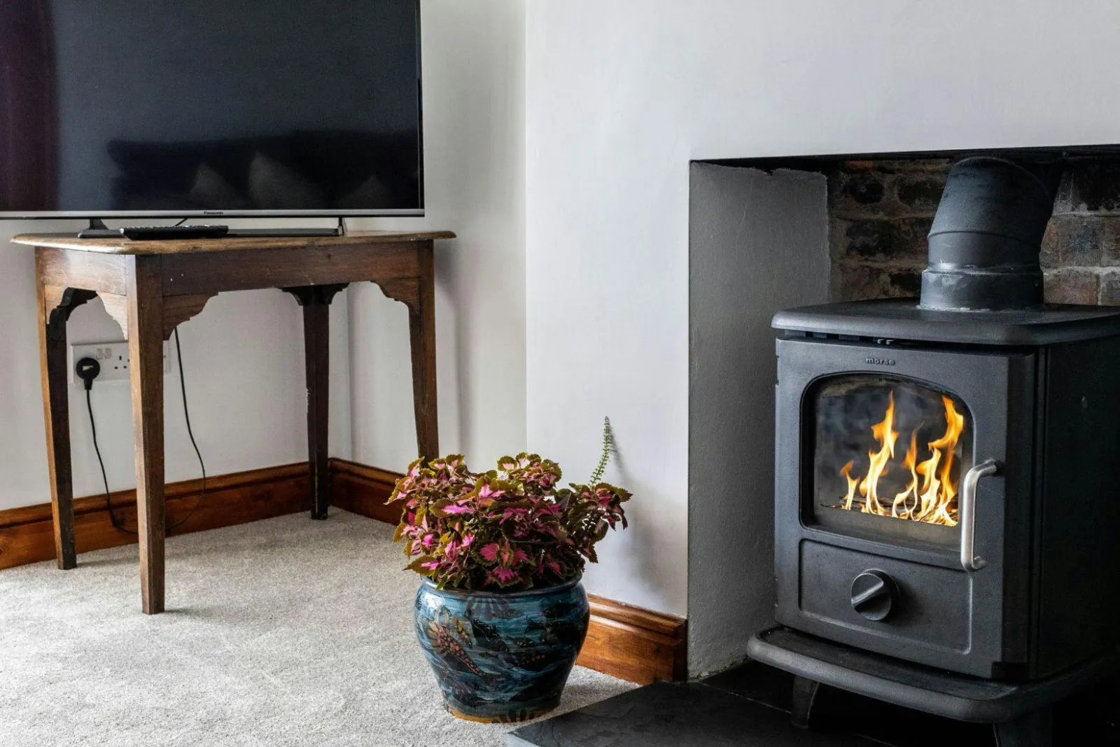 Wood burner with fire lit, tv