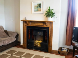The second lounge, with sofa, fireplace, television. Wooden floor with a rug.
