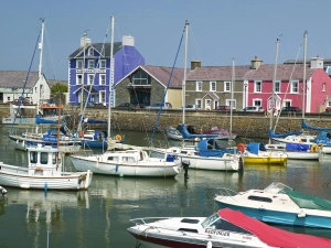 Boats on the water in the foreground, The Harbourmaster and houses in background