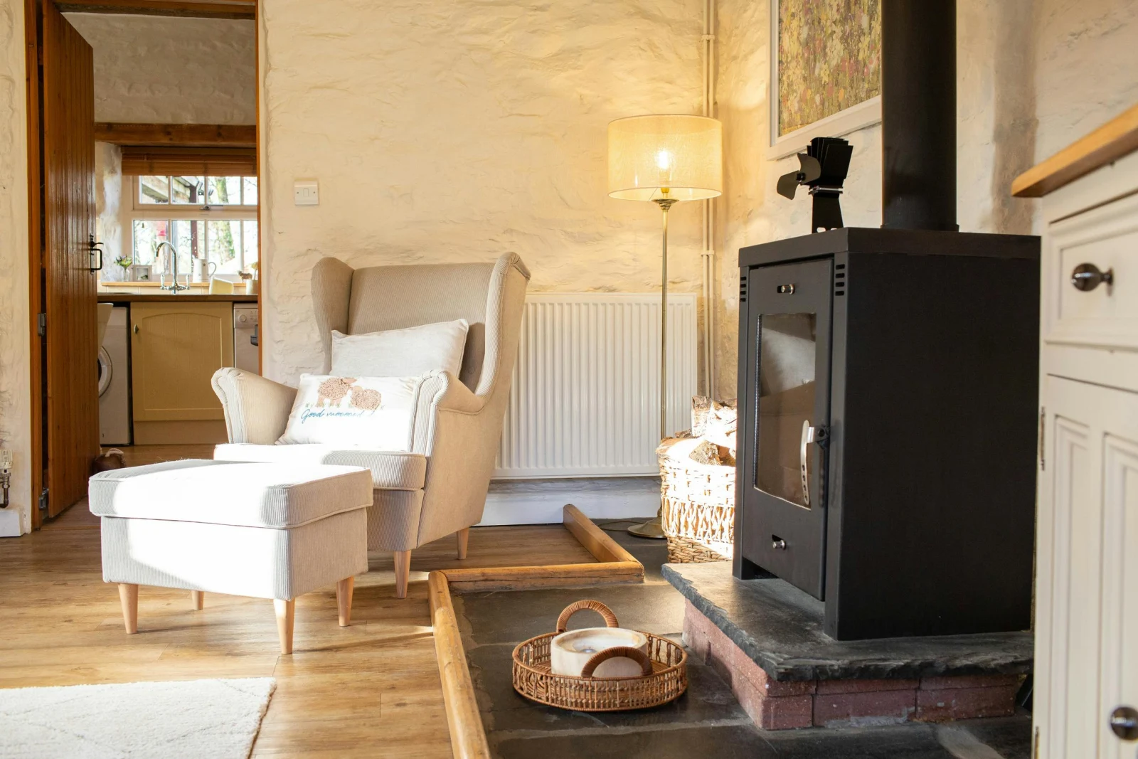 Wood burner with basket of logs. Floor lamp