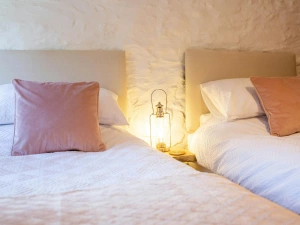 Twin beds with beside table and lamp