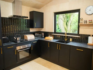 Kitchen with gas hob, electric oven and tiled splash back