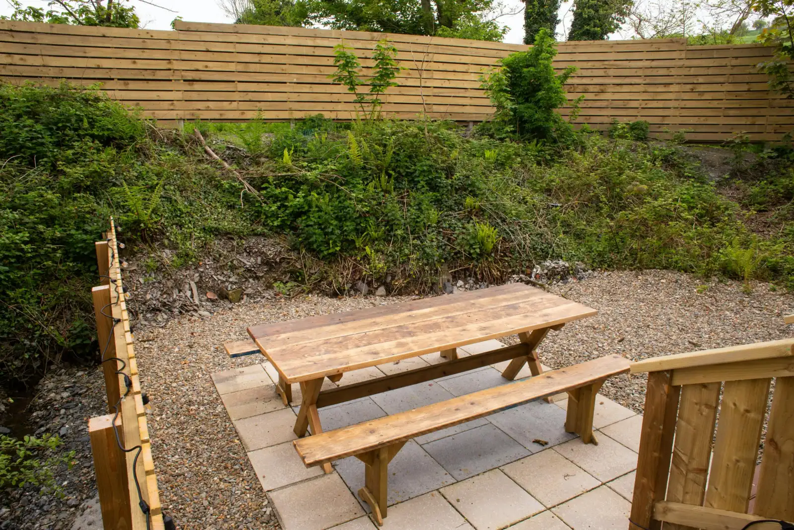 Patio area with wooden table and benches