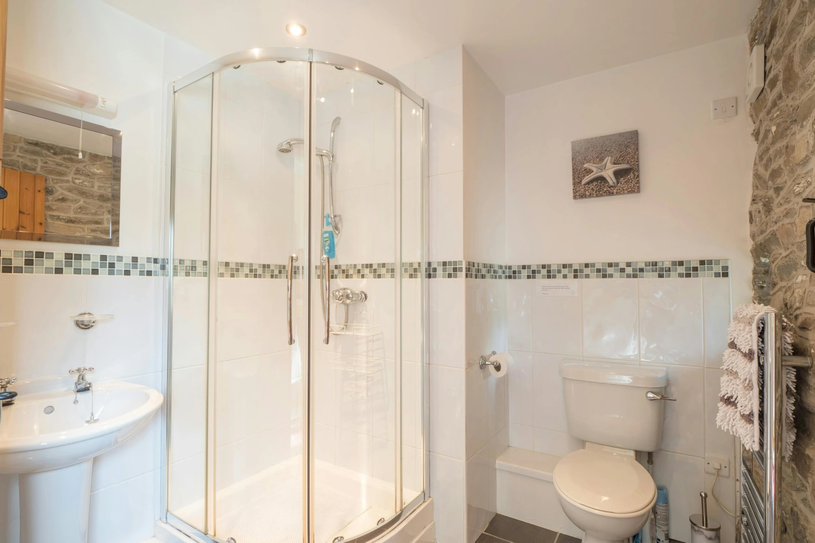 Shower cubicle, toilet, washbasin, heated towel rail and mirror
