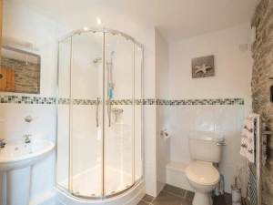 Shower cubicle, toilet, washbasin, heated towel rail and mirror